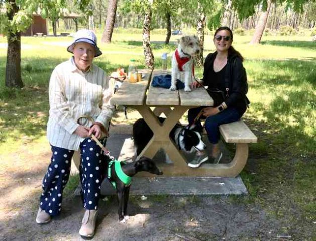 Marge & Milly and Chantal, Mia & Bruno, just finishing their lunch and a walk in France, on their way from the UK to Alicante and Madrid in Spain.